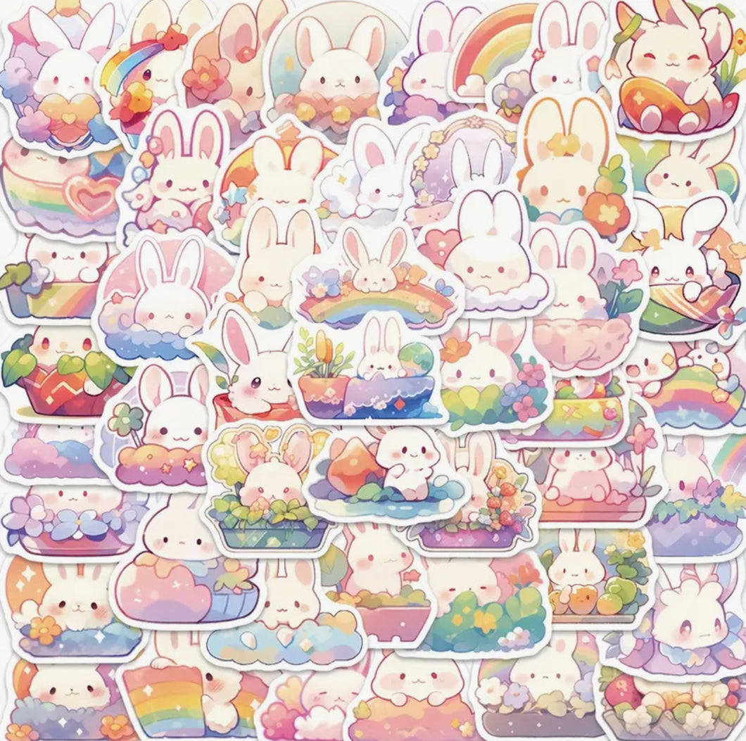 Pack 50 autocollants « lapins arc-en-ciel »